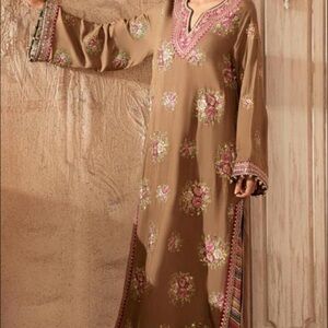 Ethnic Indian Wear Floral Embroidered Dress - Brown and Pink